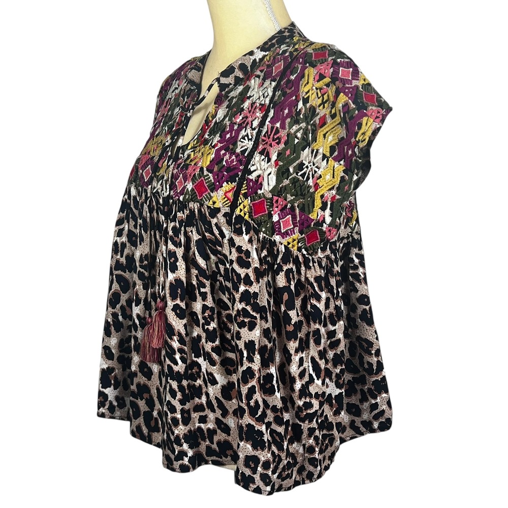 THML Women's Leopard Print Embroidered Tassel Top Size Medium - Picture 12 of 16